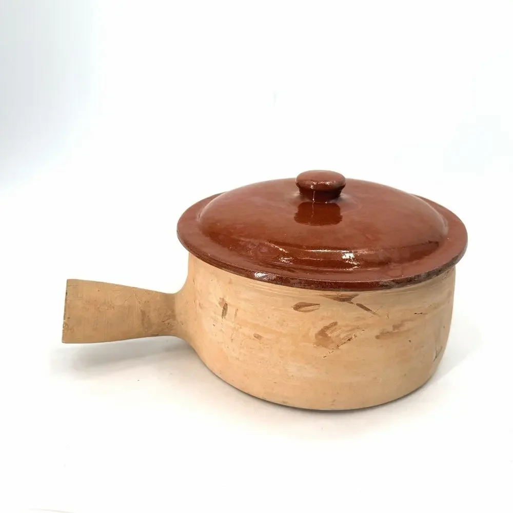 Vintage French Clay Pottery Rustic Terracotta Cooking Pot with Lid